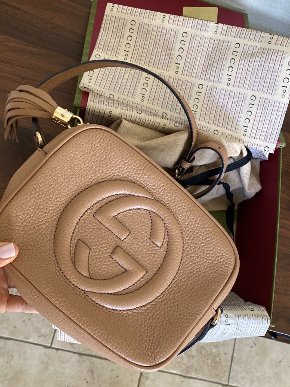 Gucci Tan Pebbled Leather Crossbody with Embossed Double G